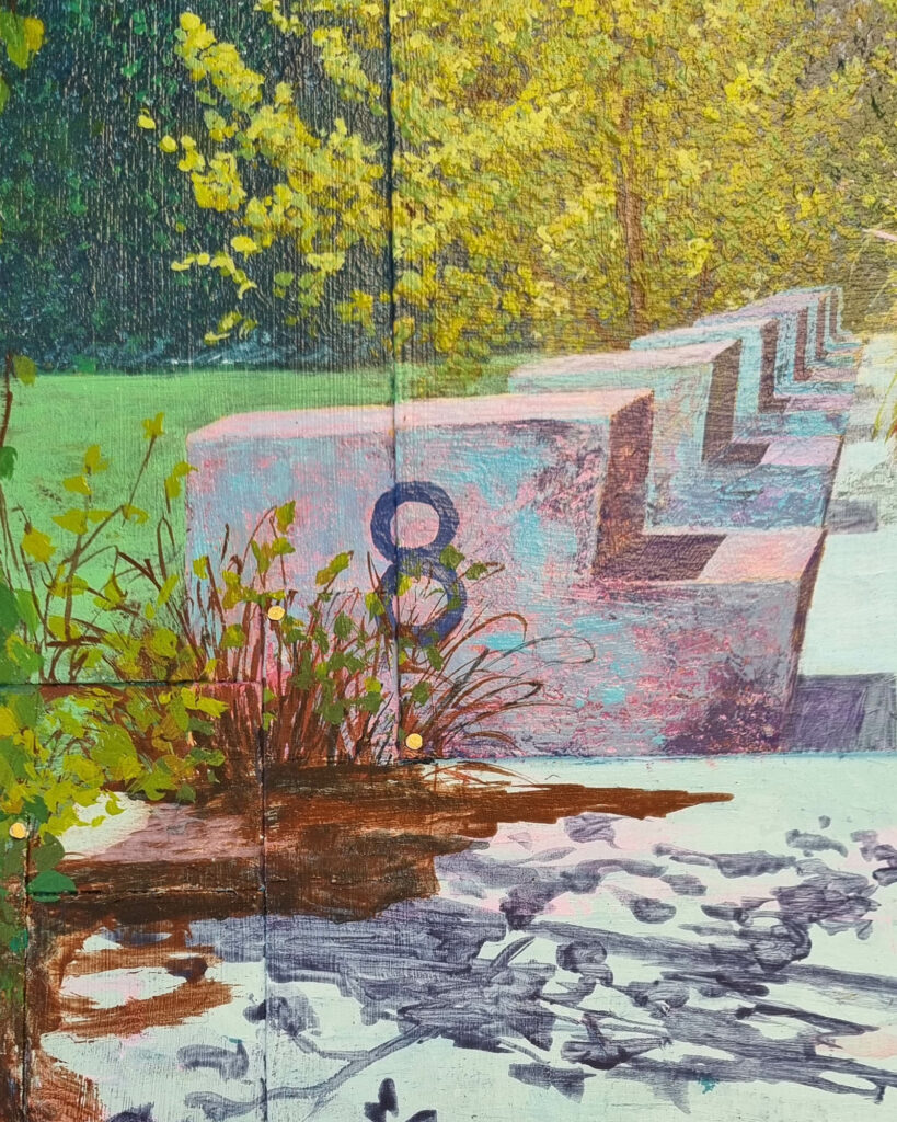 Detailaufnahme eines Gemäldes, das Motiv ist ein verlassendes Freibad