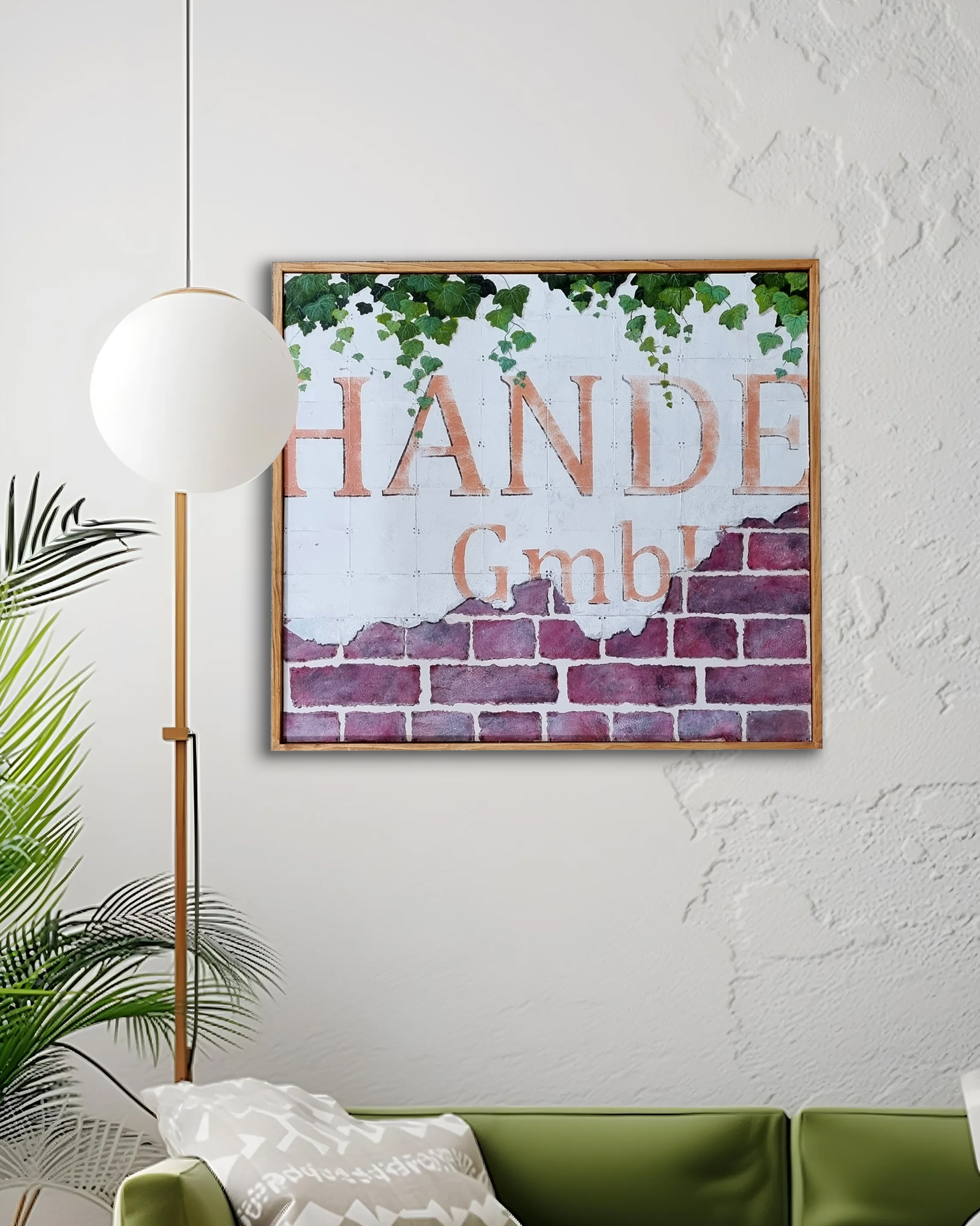 Kunstwerk mit Backsteinmauer und Beschriftung einer Industrie-Anlage