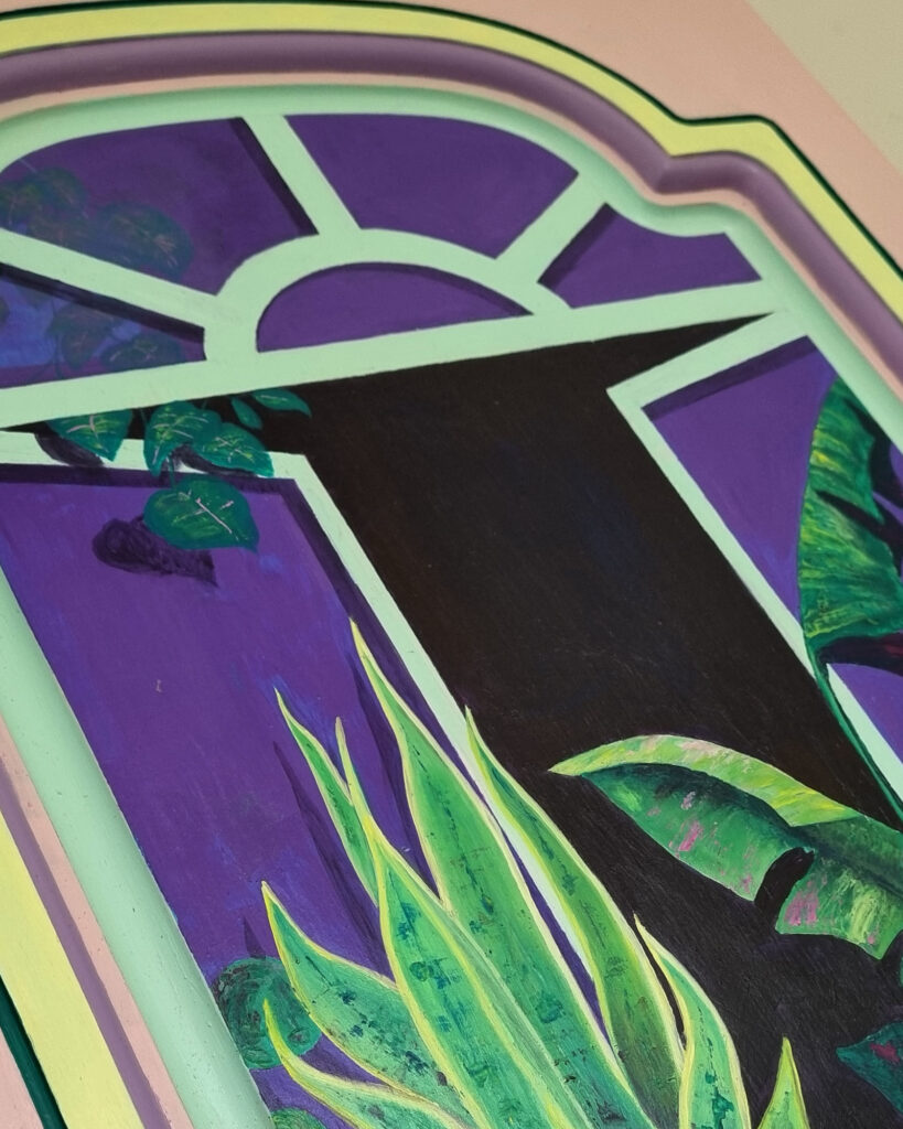 Bemalte Schranktür mit Fenster und Pflanzen, Upcycling Künstlerin Annett Wagner