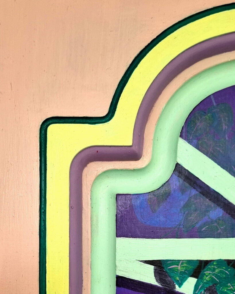 Bemalte Schranktür mit Fensteransicht Upcycling Künstlerin Annett Wagner