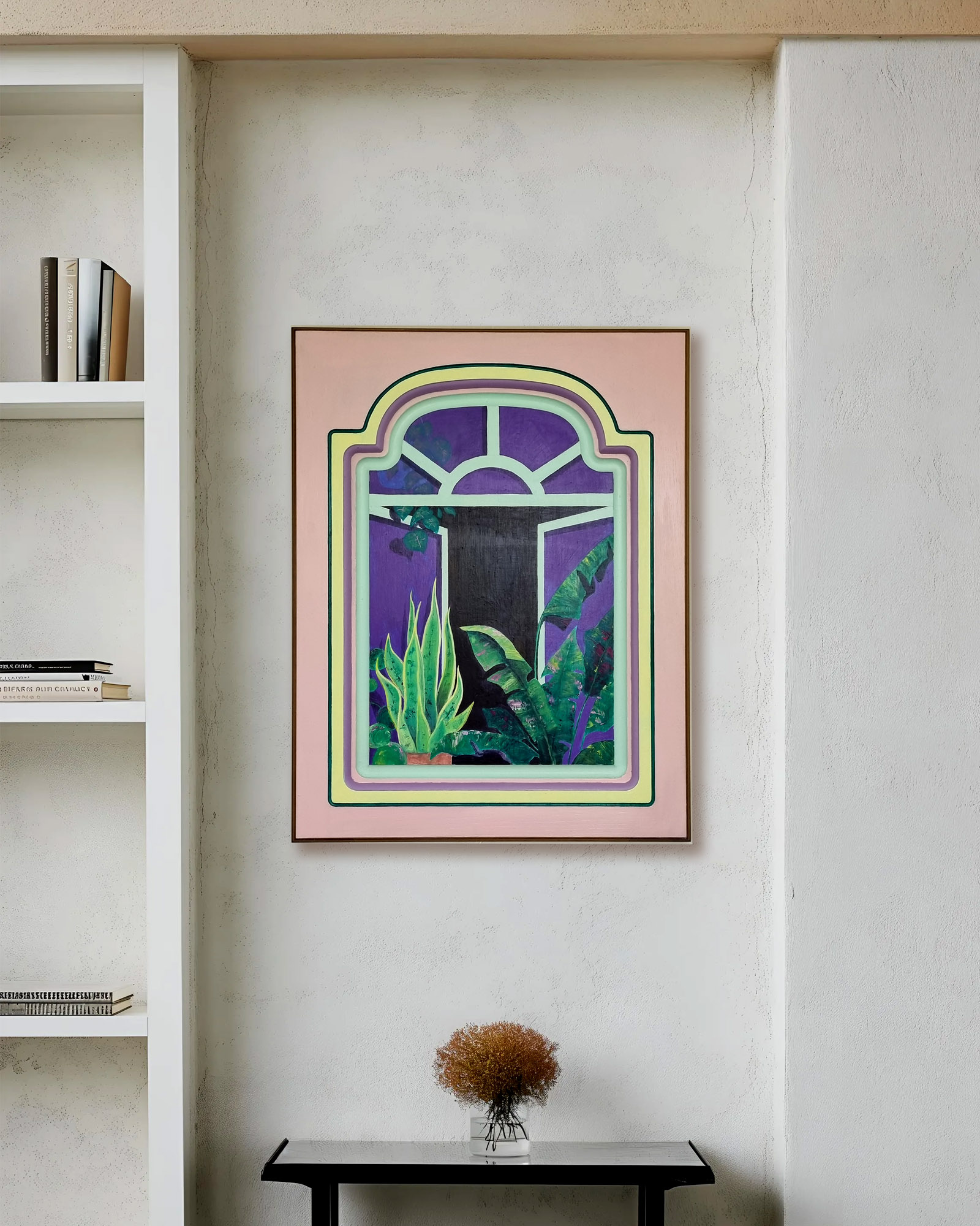 Bemalte Schranktür mit Fenster Fassade, Upcycling Künstlerin Annett Wagner