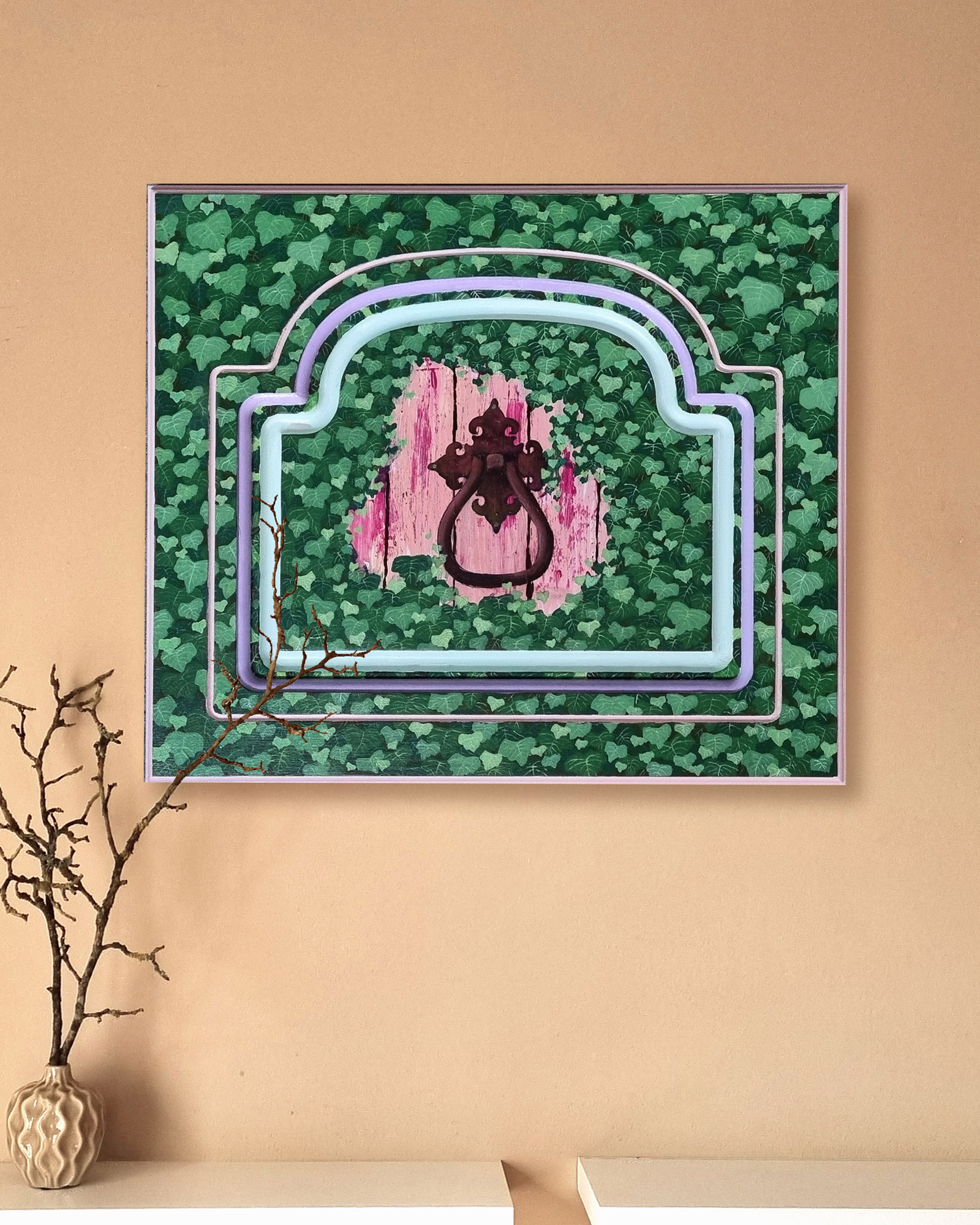 Malerei auf Schranktür, grüne Fassade Efeu, Upcycling Kunst von Annett Wagner