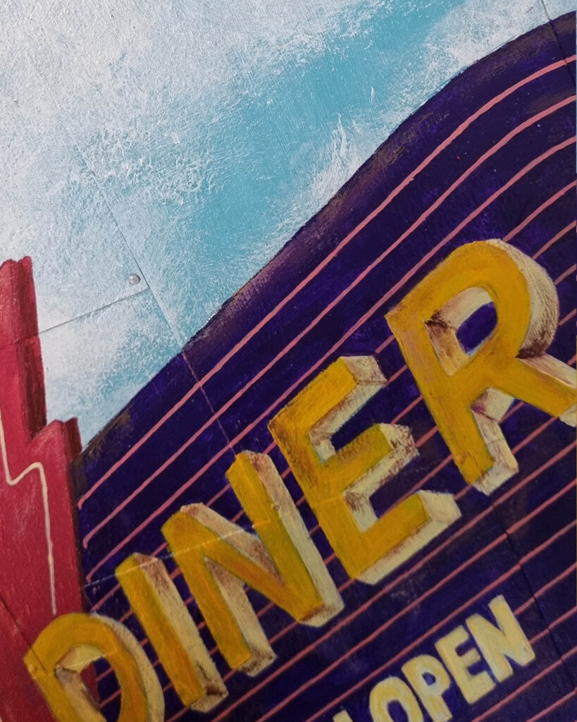 Detail Mixed Media Kunstwerk mit Straßenschild Diner