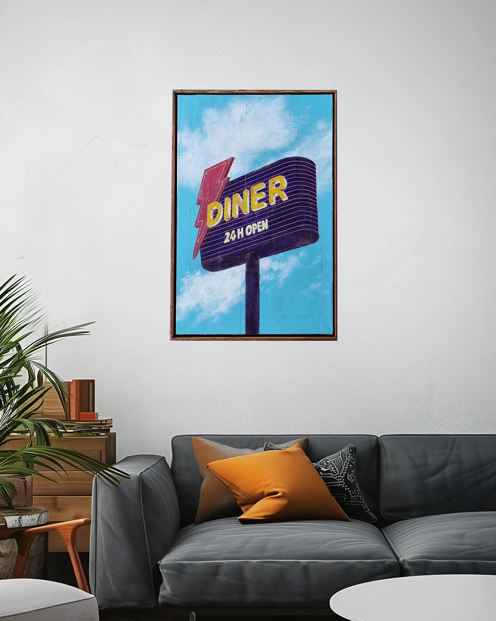 Mixed Media Kunstwerk mit Straßenschild Diner