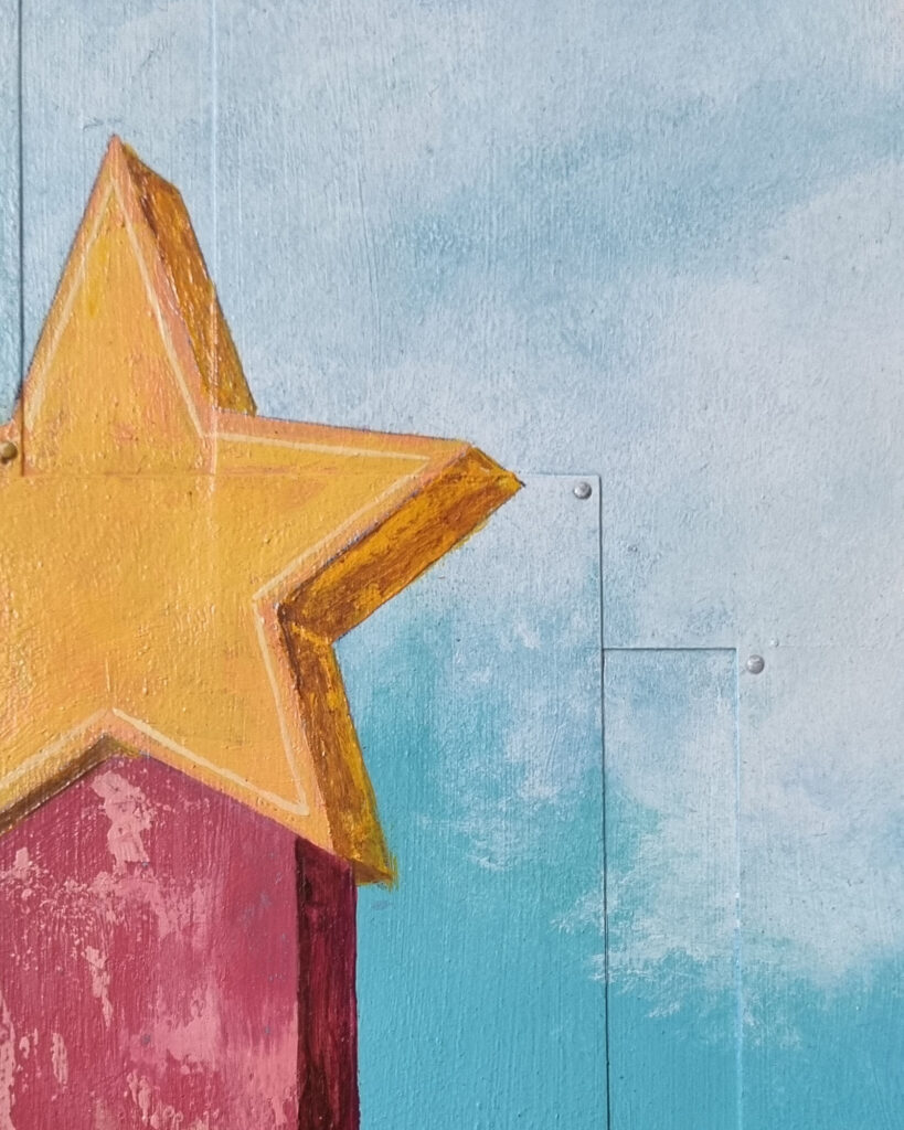 Detail Mixed Media Kunstwerk mit Straßenschild Gas, Tankstelle