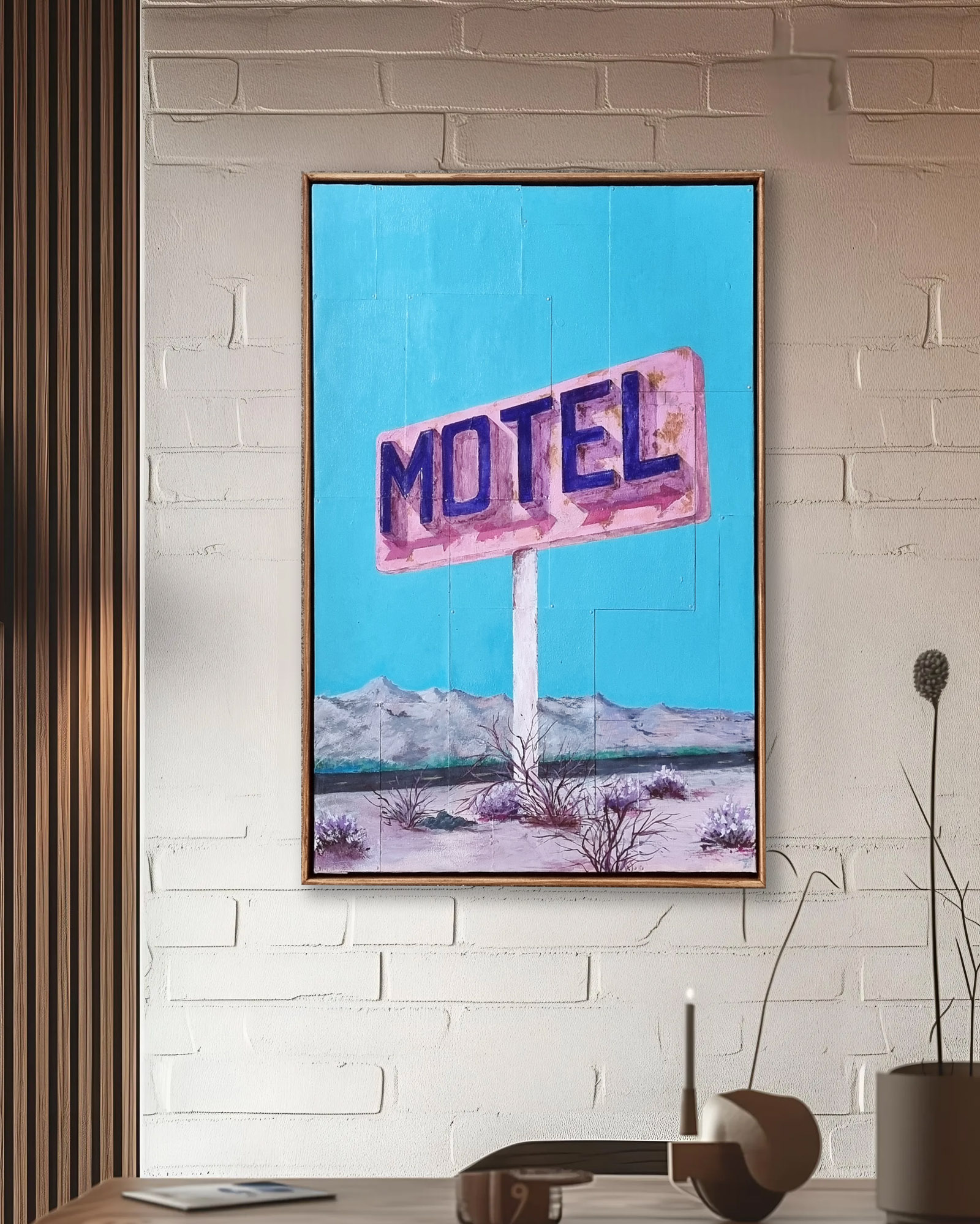 Detail Mixed Media Kunstwerk mit Straßenschild Motel