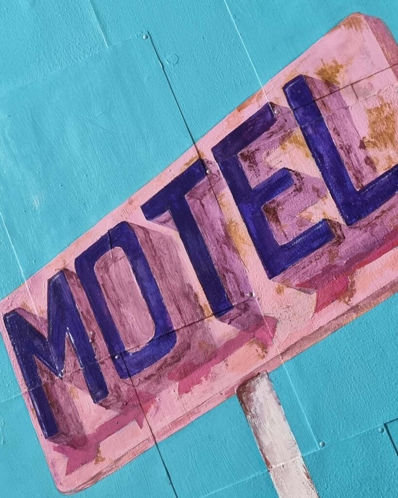 Detail Mixed Media Kunstwerk mit Straßenschild Motel, Vintage Kunst