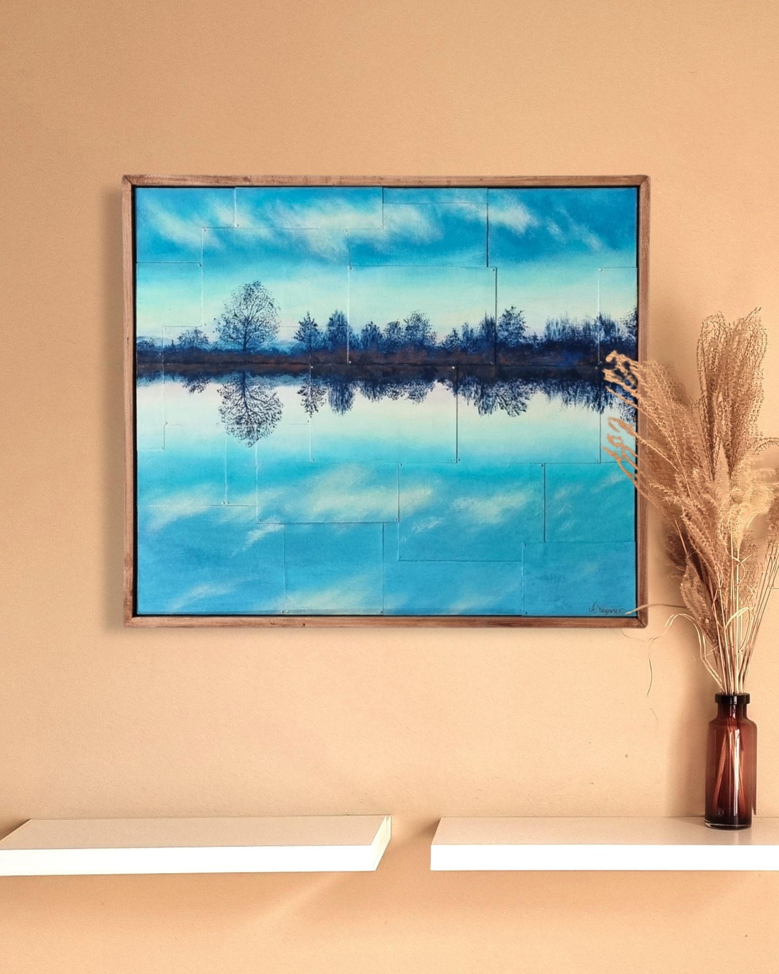 Malerei von Baumreihe mit Wasserspiegelung, Annett Wagner