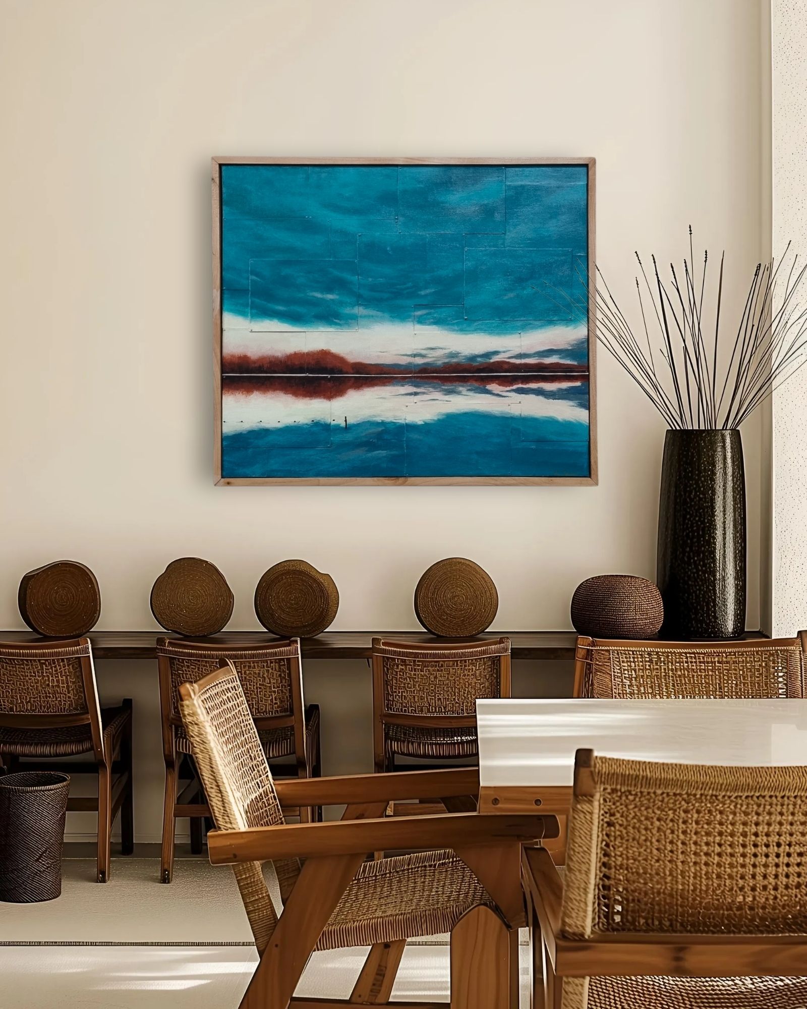 Malerei eines Sonnenaufgangs mit Spiegelung im Wasser. Künstlerin Annett Wagner