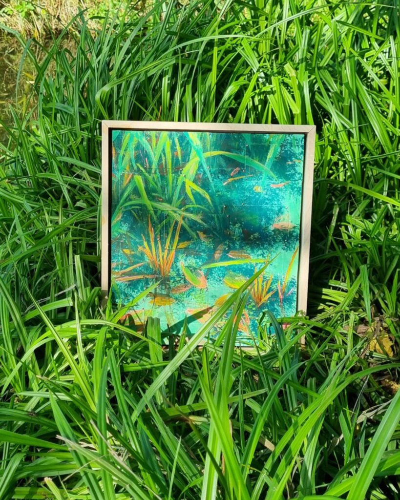 Original Malerei einer Uferböschung mit Reflexionen und Gras. Abstrakte s Bild
