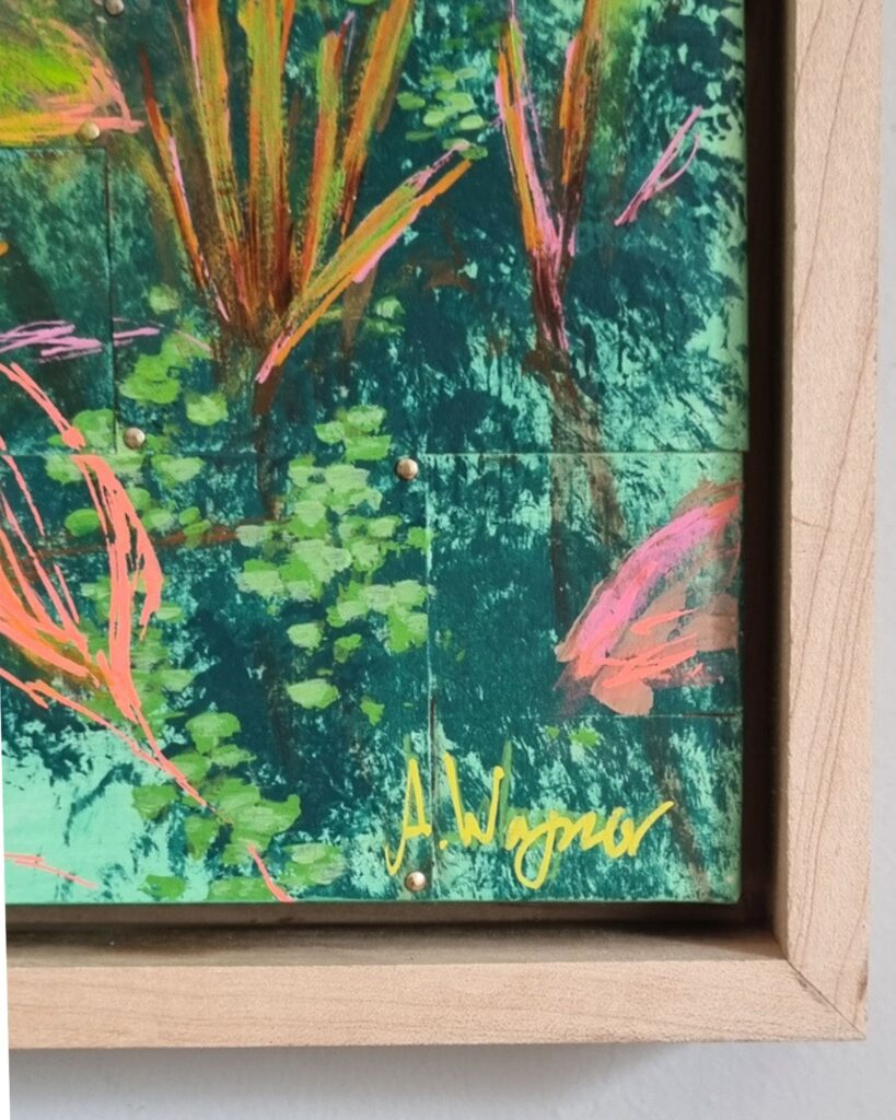 Original Malerei einer Natur Szene am Flussufer mit Wasserspiegelung und Schilf. Abstraktes Bild