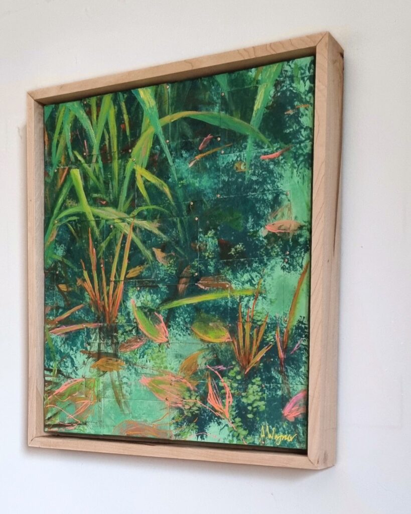 Original Malerei einer Uferböschung mit Reflexionen und Gras. Abstrakte s Bild