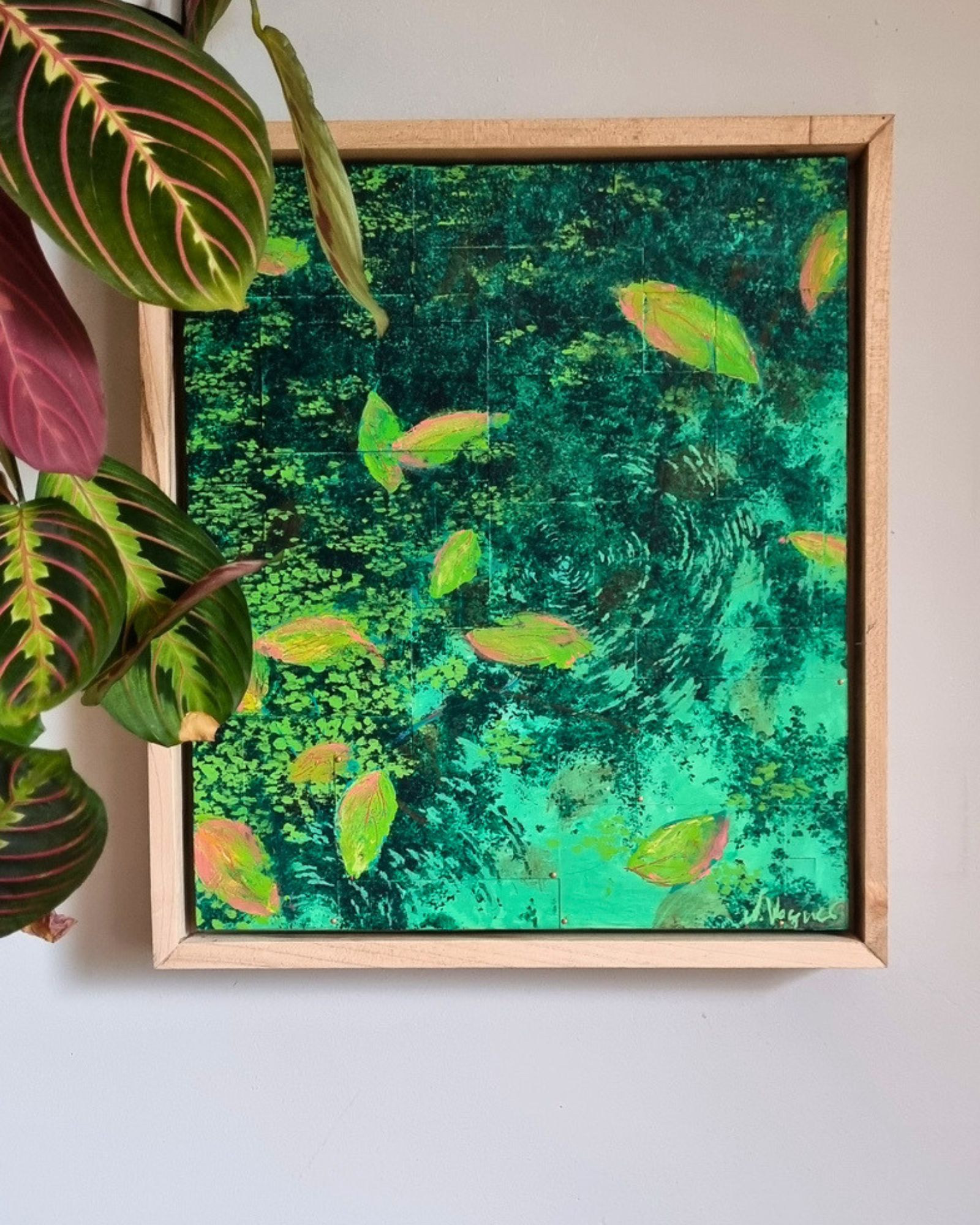 Original Malerei von Wasseroberfläche mit Reflexionen, Blättern und Wassertropfen. Abstrakte s Bild
