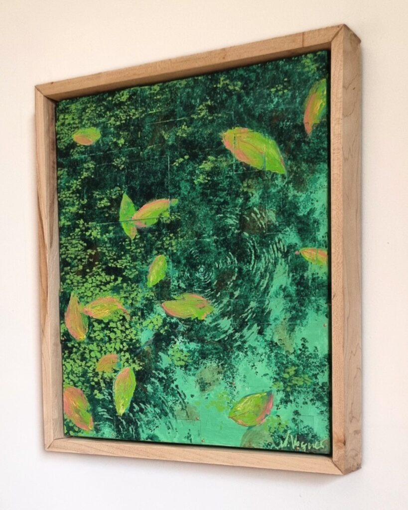 Original Malerei von Wasseroberfläche mit Reflexionen, Blättern und Wassertropfen. Abstrakte s Bild