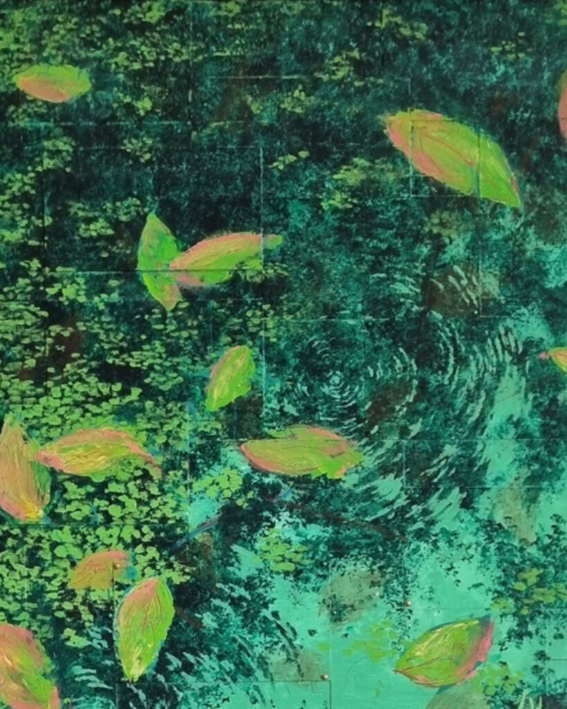Original Malerei von Wasseroberfläche mit Reflexionen, Blättern und Wassertropfen. Abstrakte s Bild